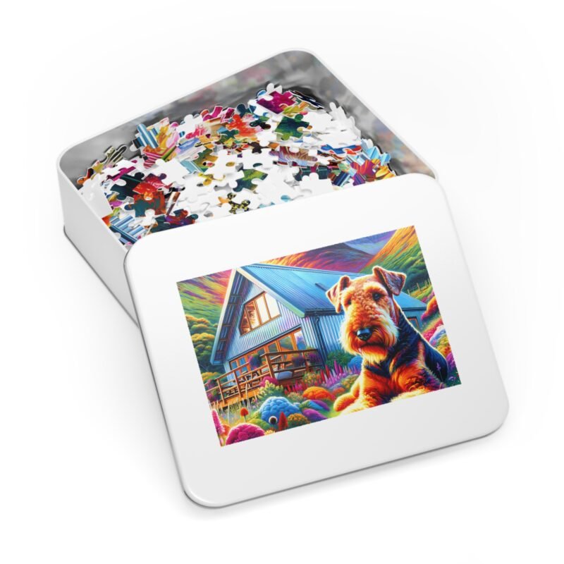 1000-Piece Airedale Terrier & Off-Grid Cabin Puzzle: Vibrant Mountain Escape - Image 3