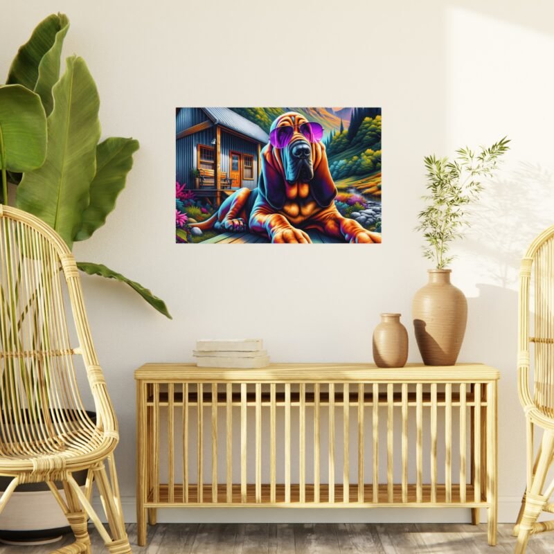 Bloodhound with Purple Sunglasses – Colorful Cabin Porch 30″ x 20″ Foam Board Print - Image 3