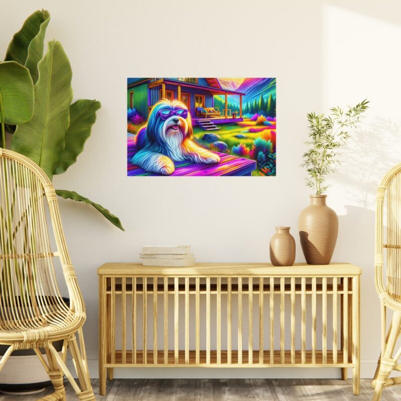 Havanese Off-Grid Cabin – Vibrant Mountain Scene with Purple Glasses 30″ x 20″ Foam Board Print - Image 3