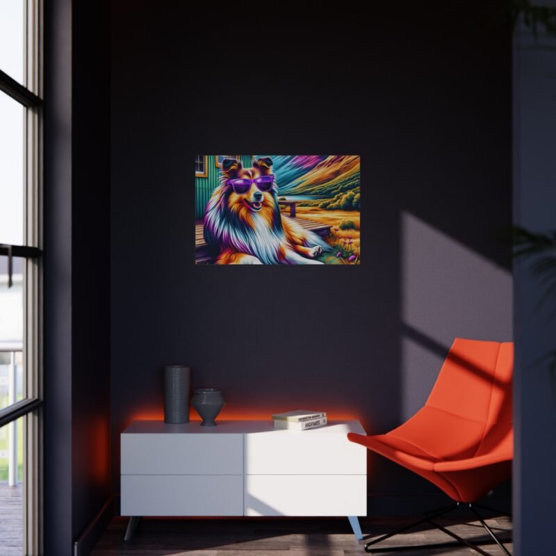 Shetland Sheepdog with Purple Sunglasses – Relaxing Cabin Porch 30″ x 20″ Foam Board Print - Image 4