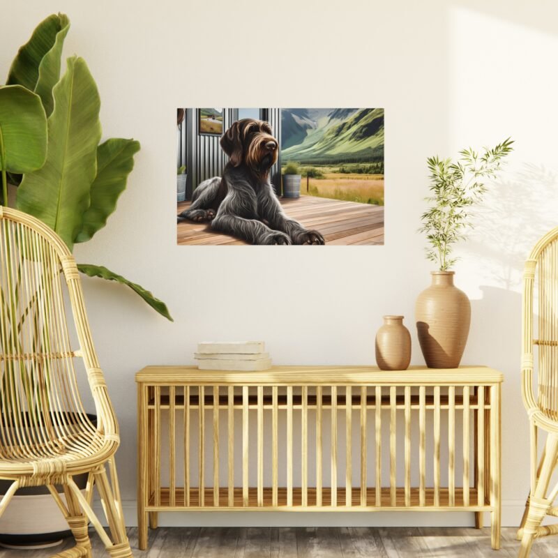 Wirehaired Pointing Griffon Relaxing on Cabin Porch – Picturesque Mountain Scene 30″ x 20″ Foam Board Print - Image 3