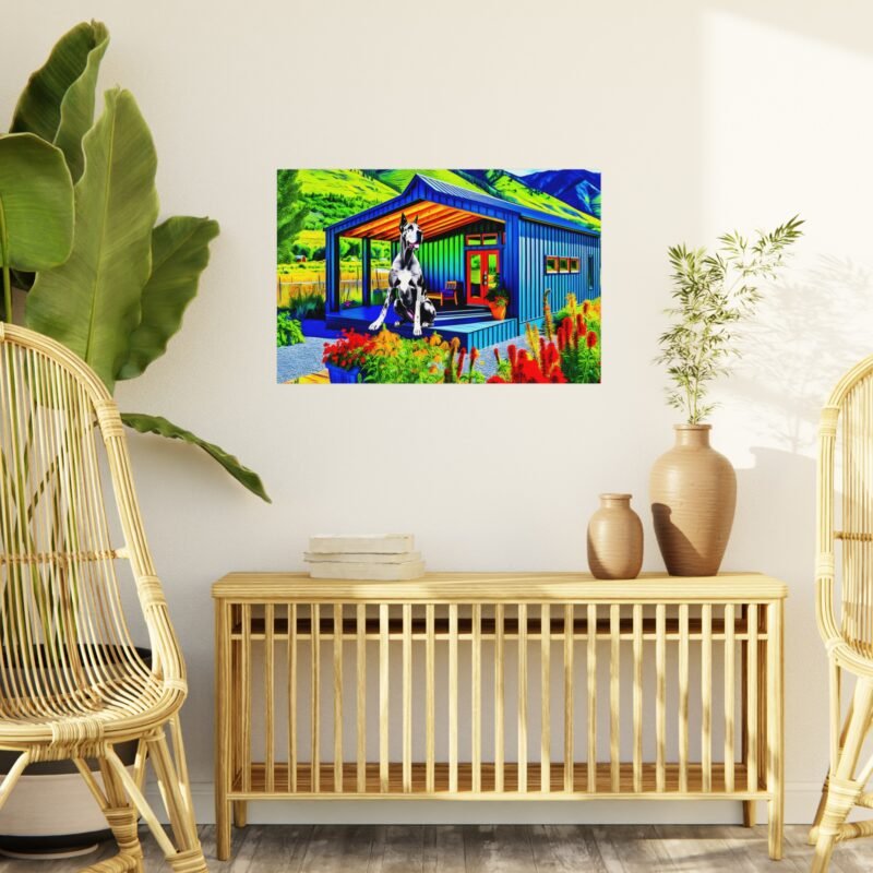 Great Dane Off-Grid Cabin – Vibrant Mountain Scene Bursting with Color 30″ x 20″ Foam Board Print - Image 3
