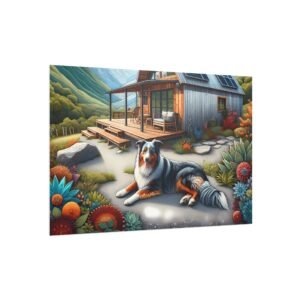 Australian Shepherd Off-Grid Cabin – Paper Mosaic Mountain 30″ x 20″ Foam Board Print - Image 2