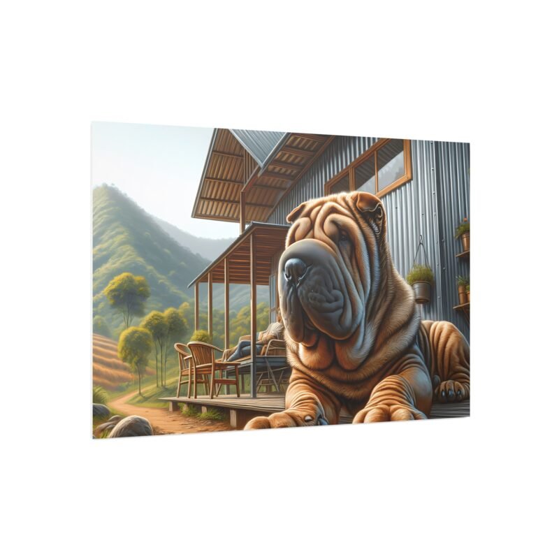 Chinese Shar-Pei Relaxing on Cabin Porch – Serene Mountain Scene 30″ x 20″ Foam Board Print - Image 2