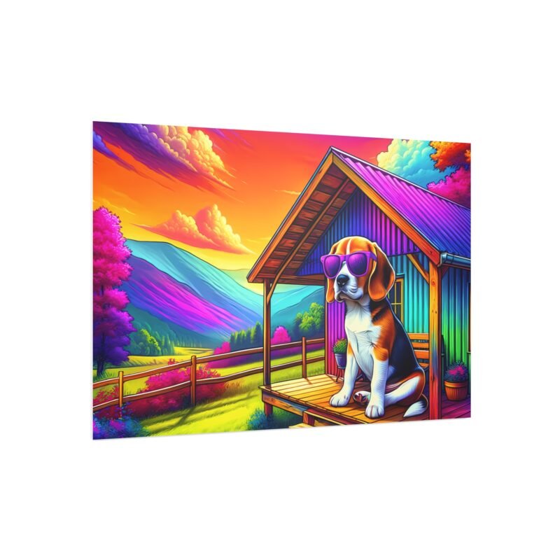 Beagle with Purple Sunglasses – Vibrant Cabin Porch 30″ x 20″ Foam Board Print - Image 2