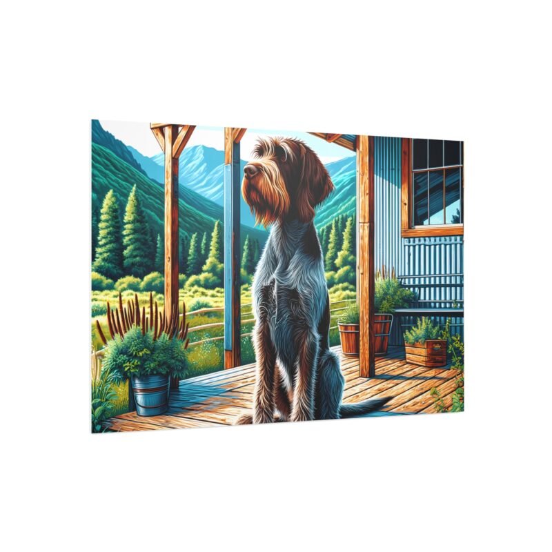 Wirehaired Pointing Griffon on Cabin Porch – Rustic Mountain Scene 30″ x 20″ Foam Board Print - Image 2