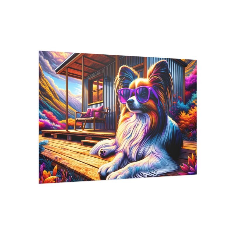 Papillon Off-Grid Cabin – Vibrant Mountain Scene with Purple Sunglasses 30″ x 20″ Foam Board Print - Image 2
