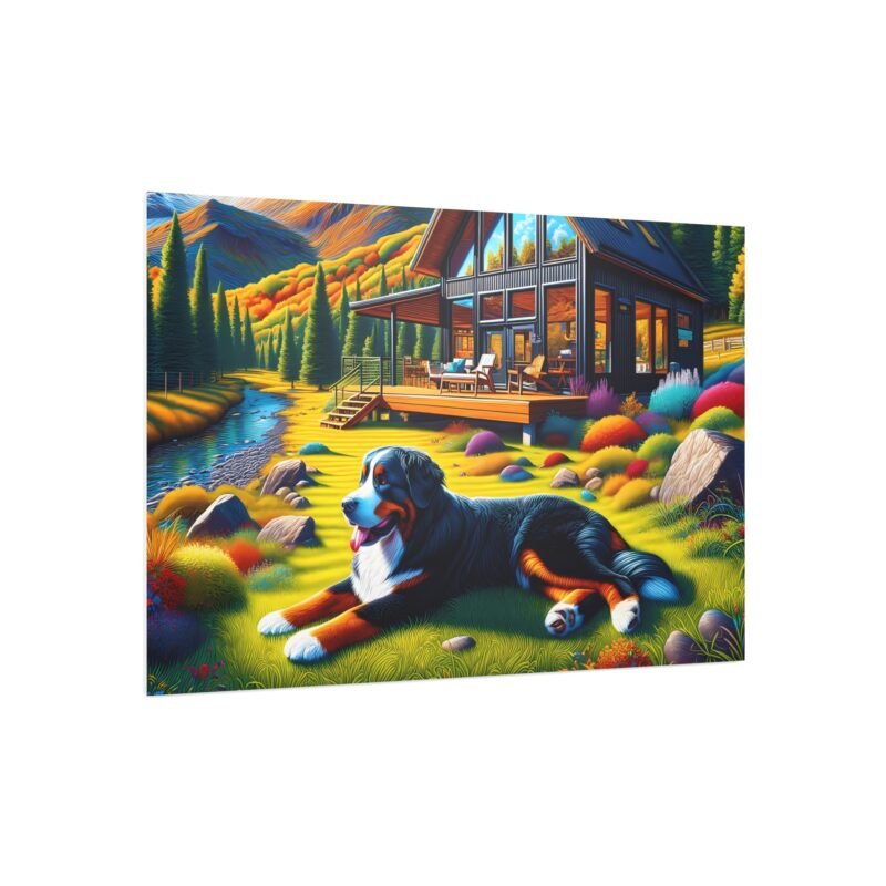 Bernese Mountain Dog Off-Grid Cabin – Vibrant Close-Up Mountain Scene 30″ x 20″ Foam Board Print - Image 2
