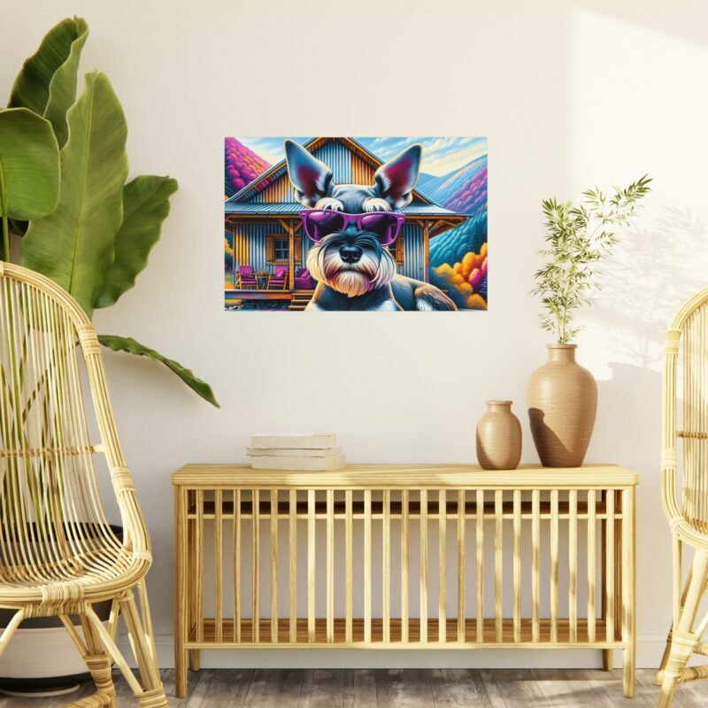Miniature Schnauzer Off-Grid Cabin – Vibrant Mountain Scene with Purple Sunglasses 30″ x 20″ Foam Board Print - Image 3