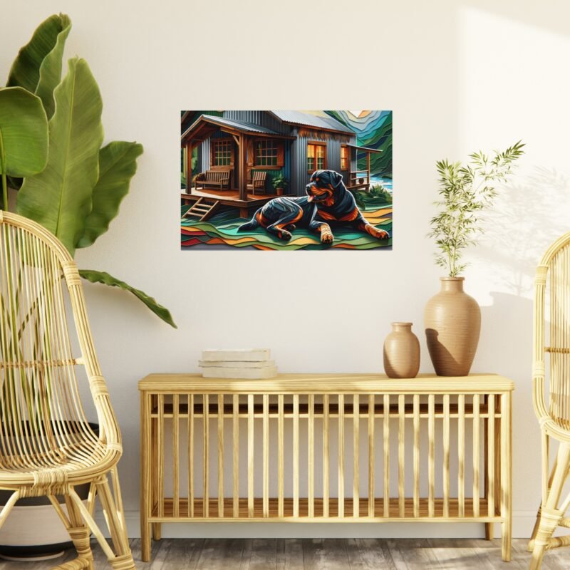 Rottweiler Off-Grid Cabin – Paper Mosaic Mountain Scene 30″ x 20″ Foam Board Print - Image 3