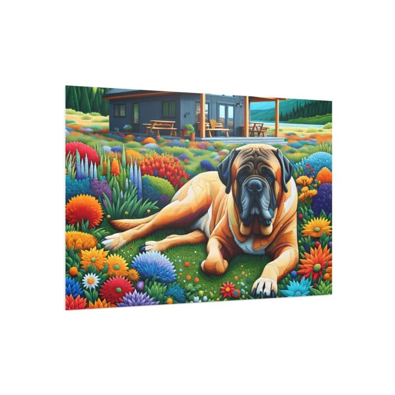 Bullmastiff Off-Grid Cabin – Vibrant Paper Mosaic Mountain Scene 30″ x 20″ Foam Board Print - Image 2