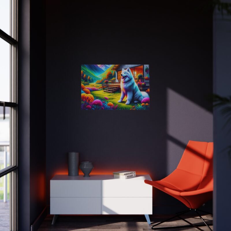 Samoyed Sitting at Attention – Vibrant Cabin Porch Scene 30″ x 20″ Foam Board Print - Image 4