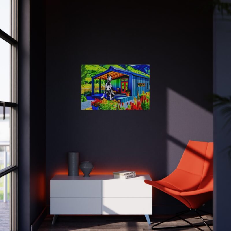 Great Dane Off-Grid Cabin – Vibrant Mountain Scene Bursting with Color 30″ x 20″ Foam Board Print - Image 4