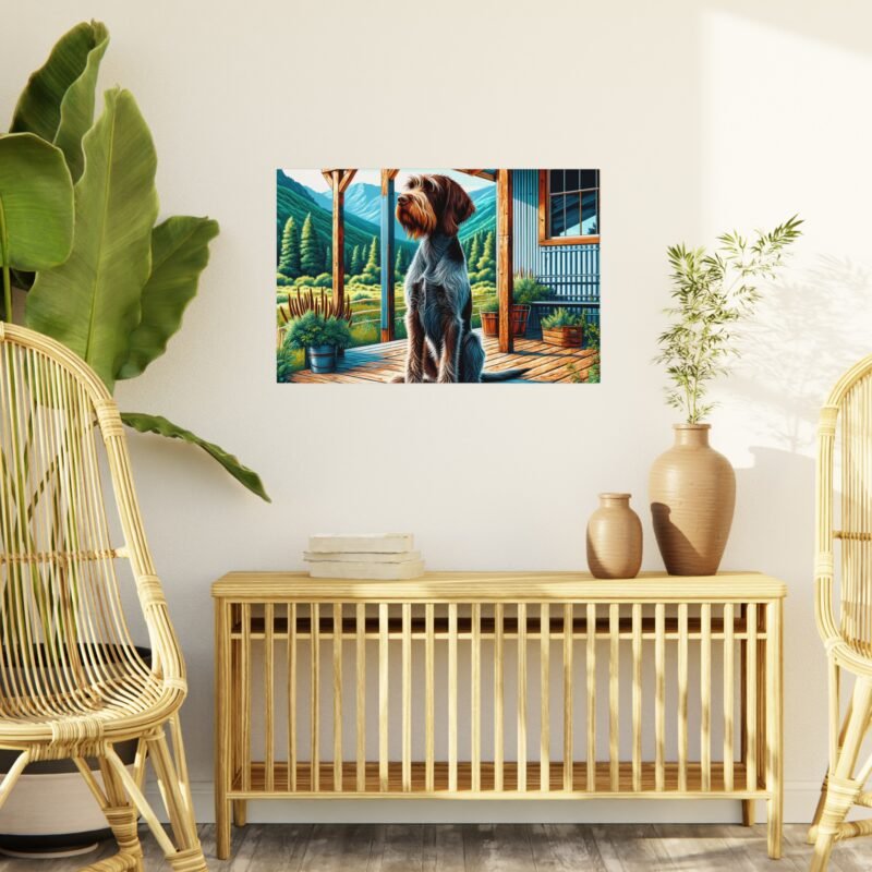 Wirehaired Pointing Griffon on Cabin Porch – Rustic Mountain Scene 30″ x 20″ Foam Board Print - Image 3