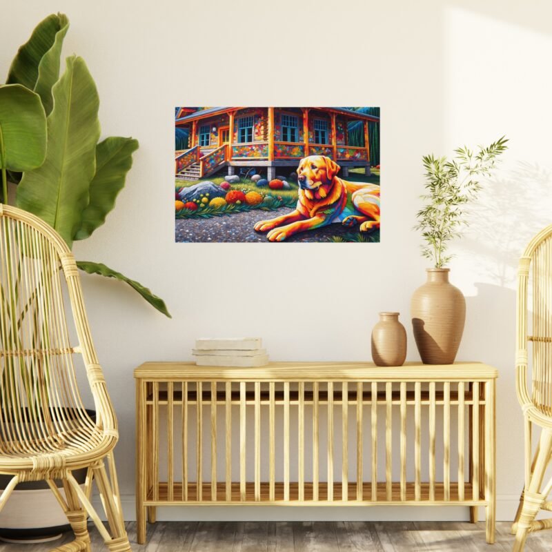 Labrador Retriever Off-Grid Cabin – Paper Mosaic Mountain Scene 30″ x 20″ Foam Board Print - Image 3