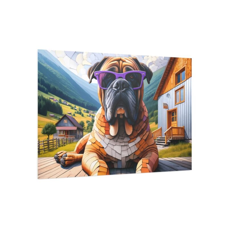 Bullmastiff Off-Grid Cabin – Paper Mosaic Mountain Scene with Purple Sunglasses 30″ x 20″ Foam Board Print - Image 2