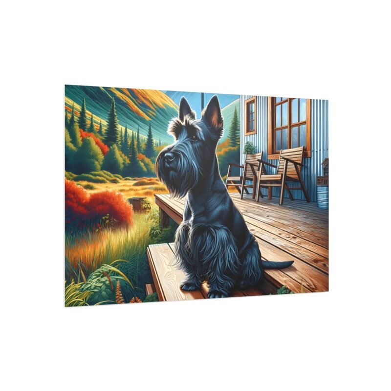 Scottish Terrier Sitting at Attention – Rustic Cabin Porch Scene 30″ x 20″ Foam Board Print - Image 2