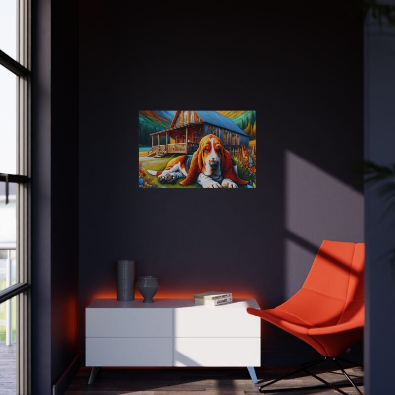 Basset Hound Off-Grid Cabin – Paper Mosaic Mountain 30″ x 20″ Foam Board Print - Image 4