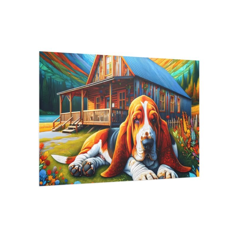 Basset Hound Off-Grid Cabin – Paper Mosaic Mountain 30″ x 20″ Foam Board Print - Image 2
