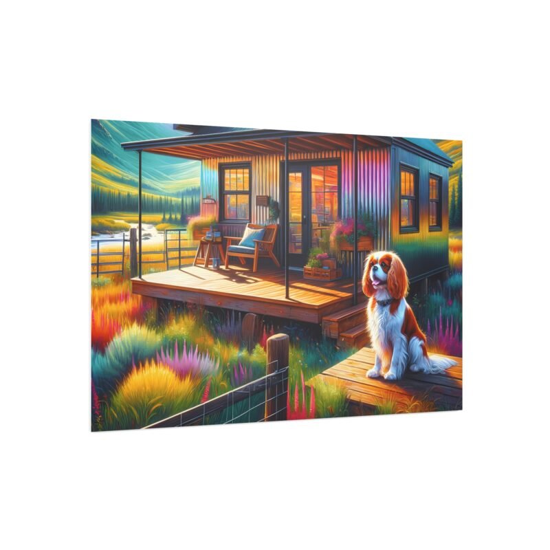 Cavalier King Charles Spaniel Off-Grid Cabin – Vibrant Mountain Scene 30″ x 20″ Foam Board Print - Image 2