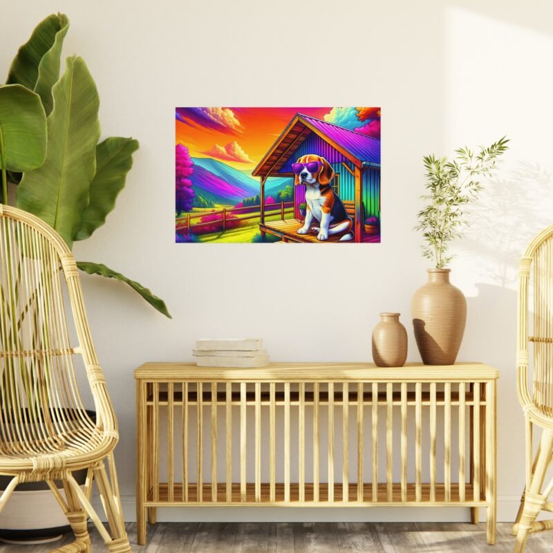 Beagle with Purple Sunglasses – Vibrant Cabin Porch 30″ x 20″ Foam Board Print - Image 3