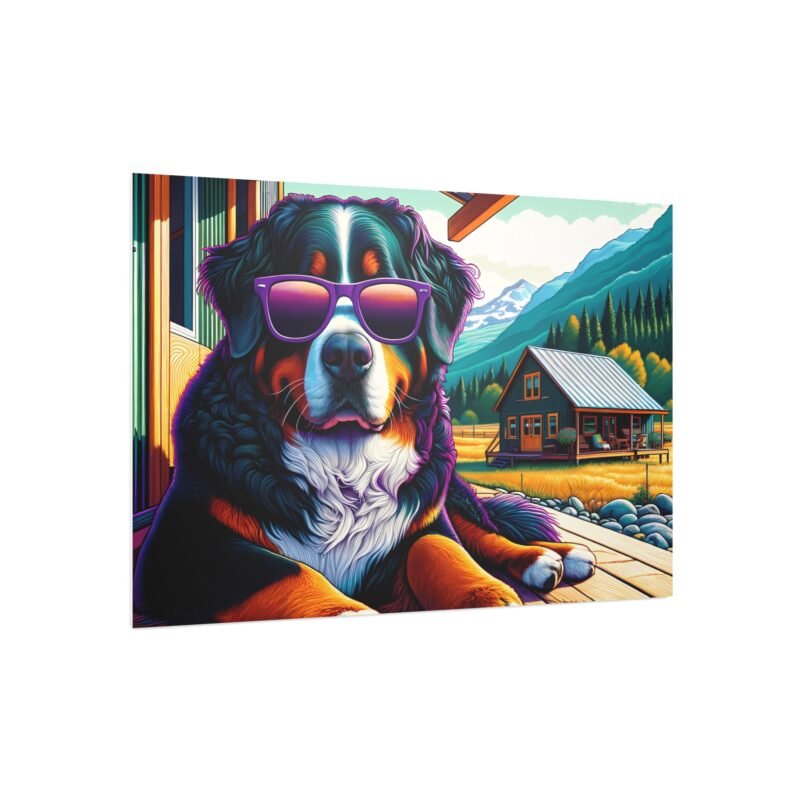 Bernese Mountain Dog Relaxing on Cabin Porch – Vibrant 30″ x 20″ Foam Board Print - Image 2