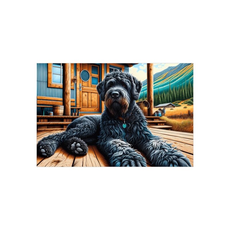 Portuguese Water Dog Relaxing on Cabin Porch – Vibrant 30″ x 20″ Foam Board Print