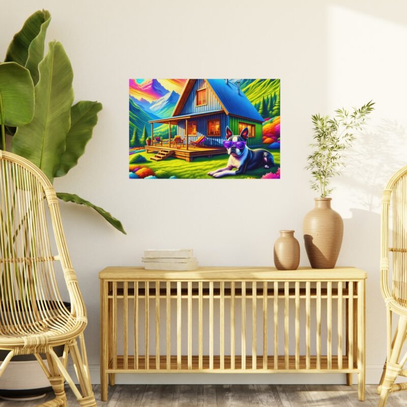 Boston Terrier Off-Grid Cabin – Vibrant Mountain Scene 30″ x 20″ Foam Board Print - Image 3