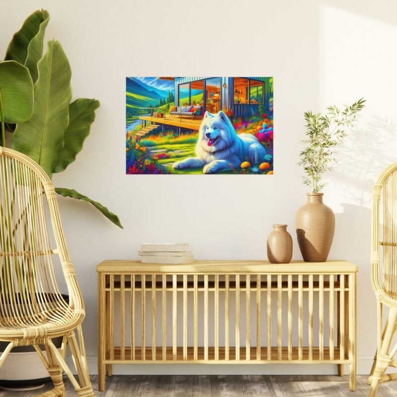 Samoyed Off-Grid Cabin – Vibrant Close-Up Mountain Scene 30″ x 20″ Foam Board Print - Image 3