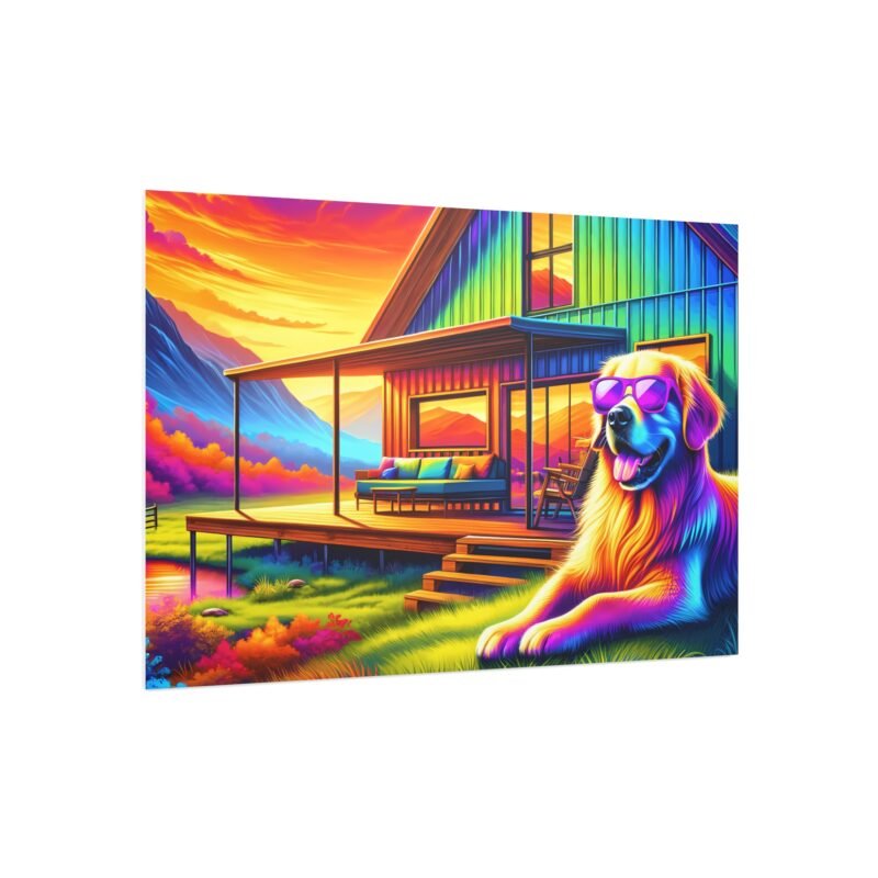 Golden Retriever Off-Grid Cabin – Vibrant Mountain Scene with Purple Sunglasses 30″ x 20″ Foam Board Print - Image 2