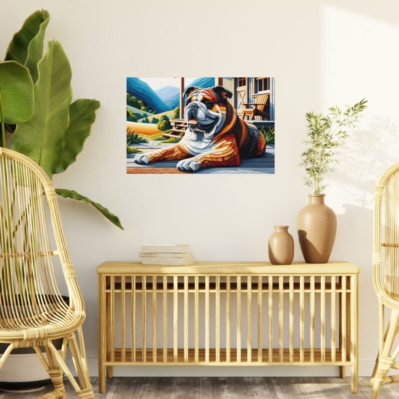 Bulldog Relaxing on Cabin Porch – Paper Mosaic 30″ x 20″ Foam Board Print - Image 3