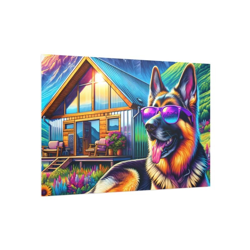 German Shepherd Off-Grid Cabin – Vivid Mountain Scene with Purple Sunglasses 30″ x 20″ Foam Board Print - Image 2