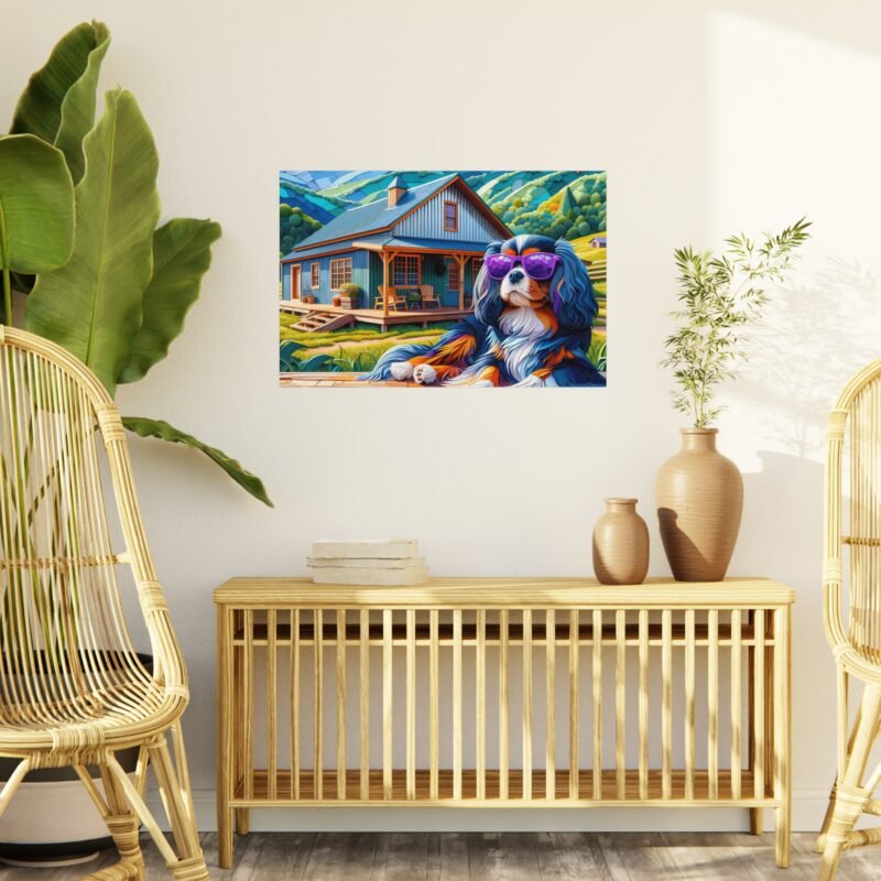 Cavalier King Charles Spaniel Off-Grid Cabin – Paper Mosaic with Purple Sunglasses 30″ x 20″ Foam Board Print - Image 3