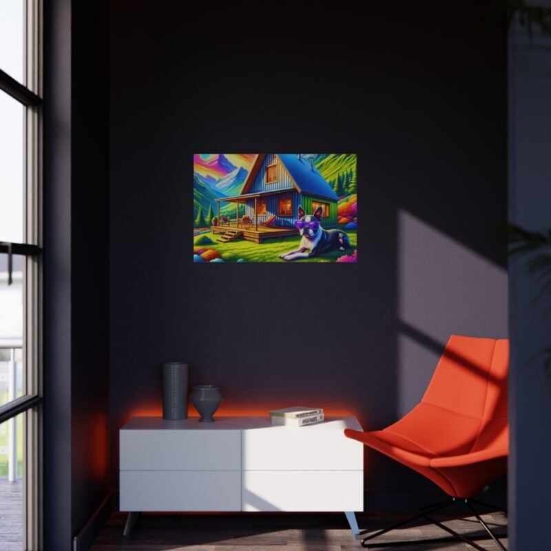 Boston Terrier Off-Grid Cabin – Vibrant Mountain Scene 30″ x 20″ Foam Board Print - Image 4