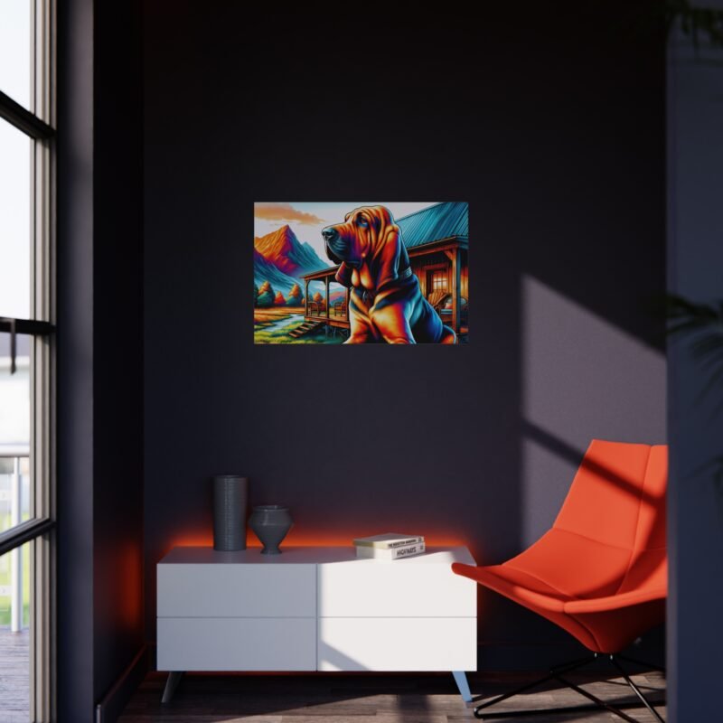 Bloodhound Sitting at Attention – Vibrant Cabin Porch 30″ x 20″ Foam Board Print - Image 4