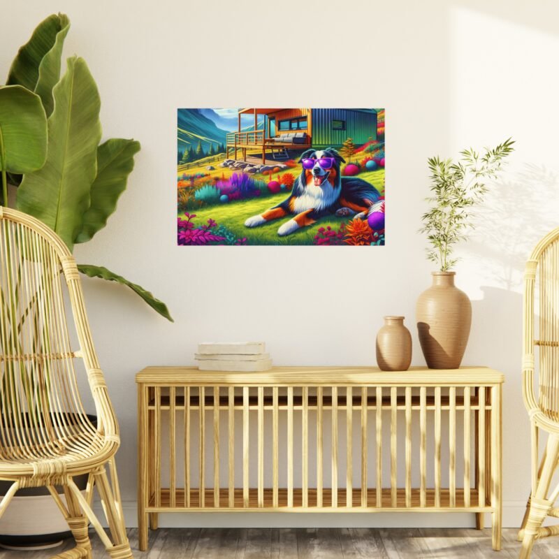 Australian Shepherd Off-Grid Cabin – Vibrant Mountain Scene with Purple Sunglasses 30″ x 20″ Foam Board Print - Image 3