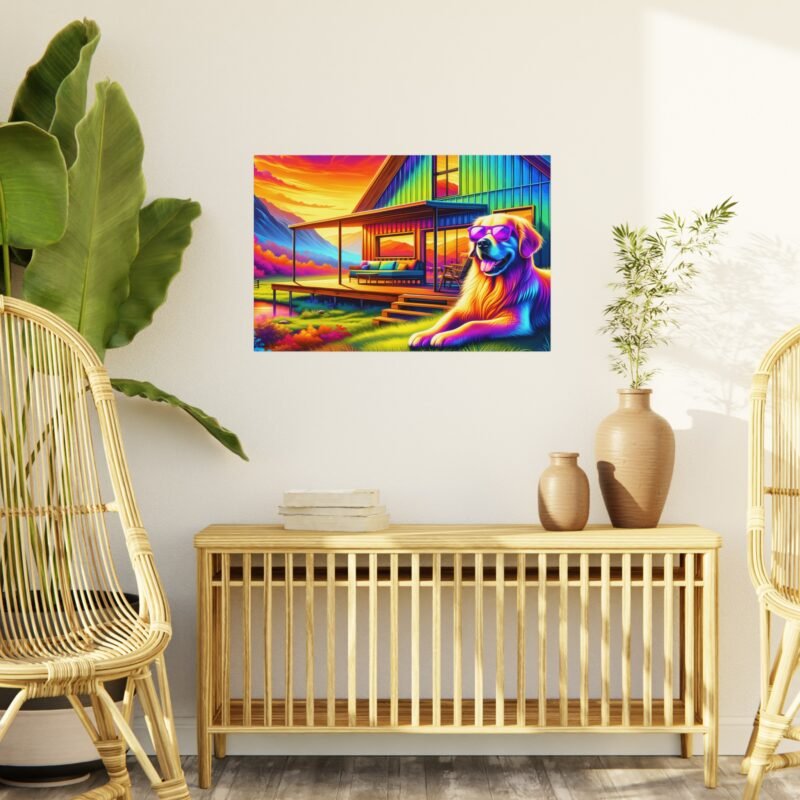 Golden Retriever Off-Grid Cabin – Vibrant Mountain Scene with Purple Sunglasses 30″ x 20″ Foam Board Print - Image 3