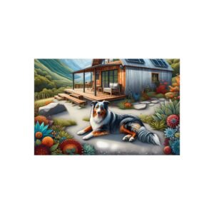 Australian Shepherd Off-Grid Cabin – Paper Mosaic Mountain 30″ x 20″ Foam Board Print