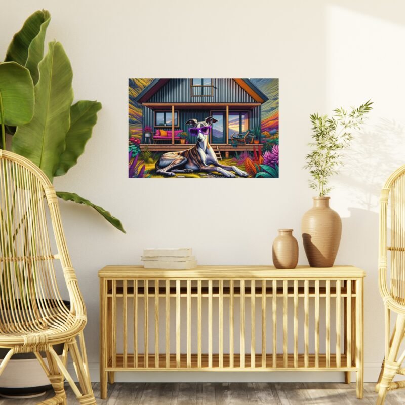 Whippet Off-Grid Cabin – Vibrant Mountain Scene with Purple Sunglasses 30″ x 20″ Foam Board Print - Image 3