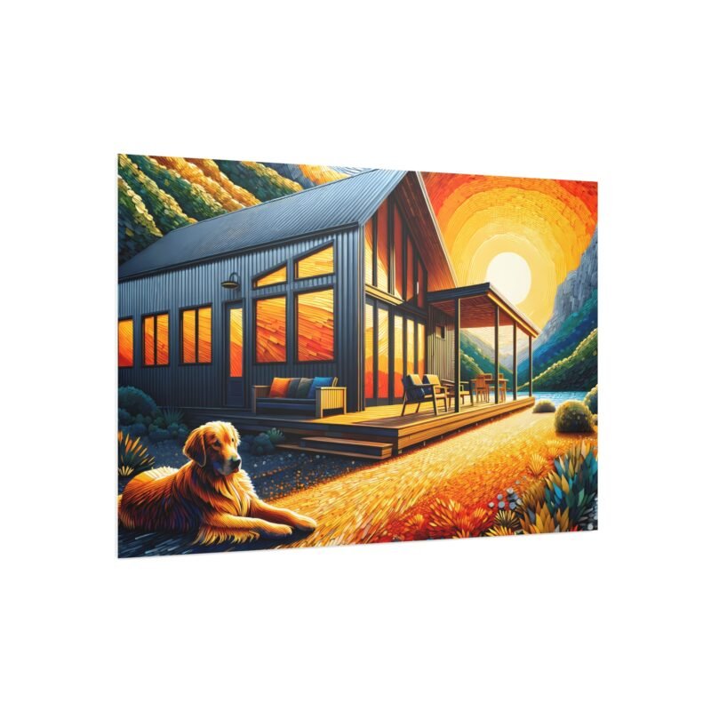 Golden Retriever Off-Grid Cabin – Vibrant Paper Mosaic Mountain Scene 30″ x 20″ Foam Board Print - Image 2