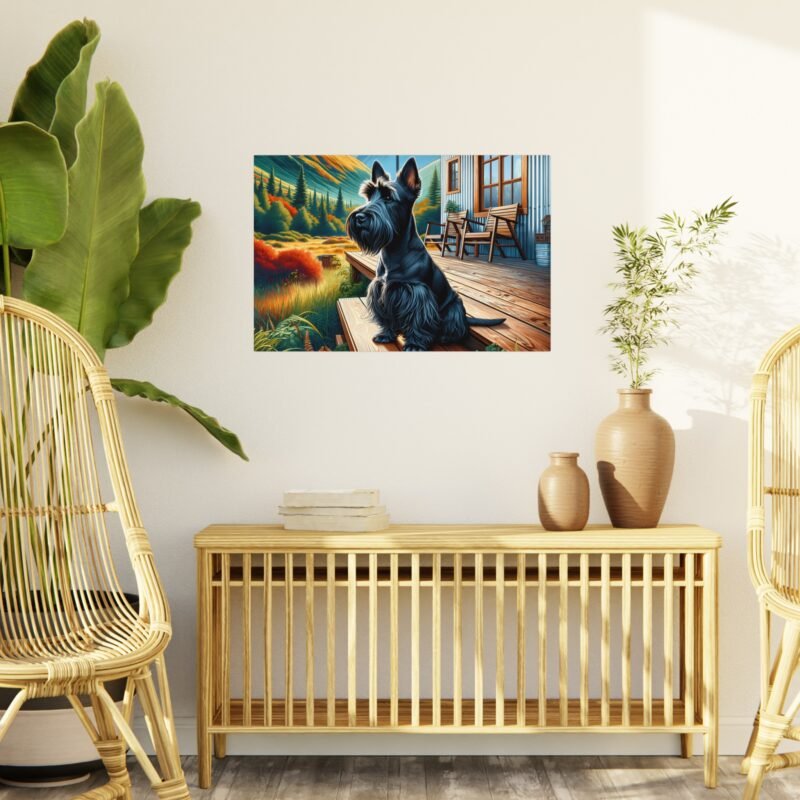 Scottish Terrier Sitting at Attention – Rustic Cabin Porch Scene 30″ x 20″ Foam Board Print - Image 3