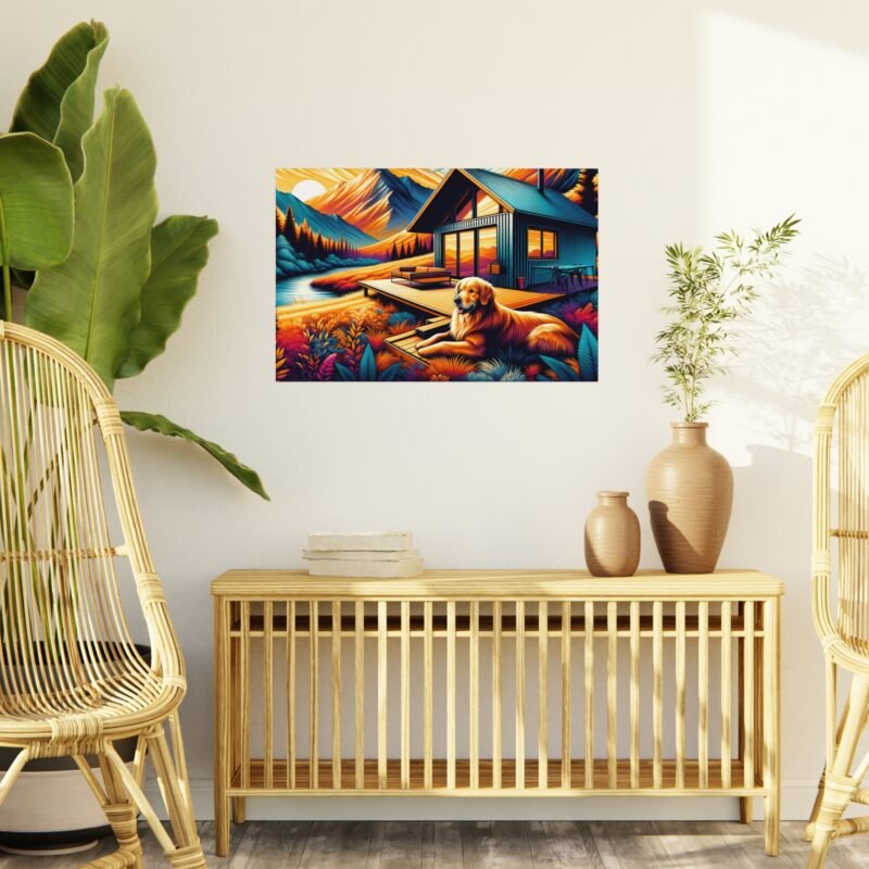 Golden Retriever Off-Grid Cabin – Brilliantly Colored Mountain Scene 30″ x 20″ Foam Board Print - Image 3