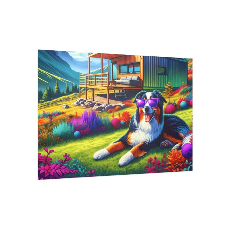 Australian Shepherd Off-Grid Cabin – Vibrant Mountain Scene with Purple Sunglasses 30″ x 20″ Foam Board Print - Image 2