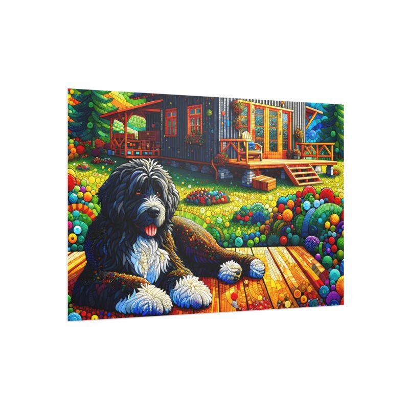 Portuguese Water Dog Off-Grid Cabin – Paper Mosaic Mountain Scene 30″ x 20″ Foam Board Print - Image 2