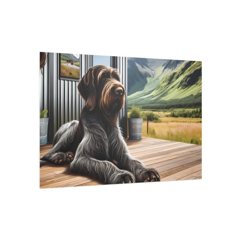 Wirehaired Pointing Griffon Relaxing on Cabin Porch – Picturesque Mountain Scene 30″ x 20″ Foam Board Print - Image 2