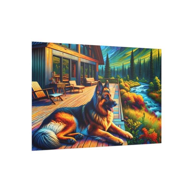 German Shepherd Off-Grid Cabin – Brilliantly Colored Mountain Scene 30″ x 20″ Foam Board Print - Image 2