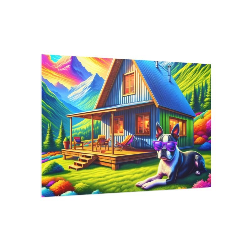 Boston Terrier Off-Grid Cabin – Vibrant Mountain Scene 30″ x 20″ Foam Board Print - Image 2