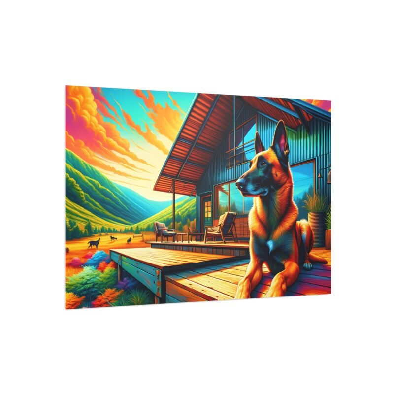 Belgian Malinois Off-Grid Cabin – Brilliant Mountain Scene 30″ x 20″ Foam Board Print - Image 2