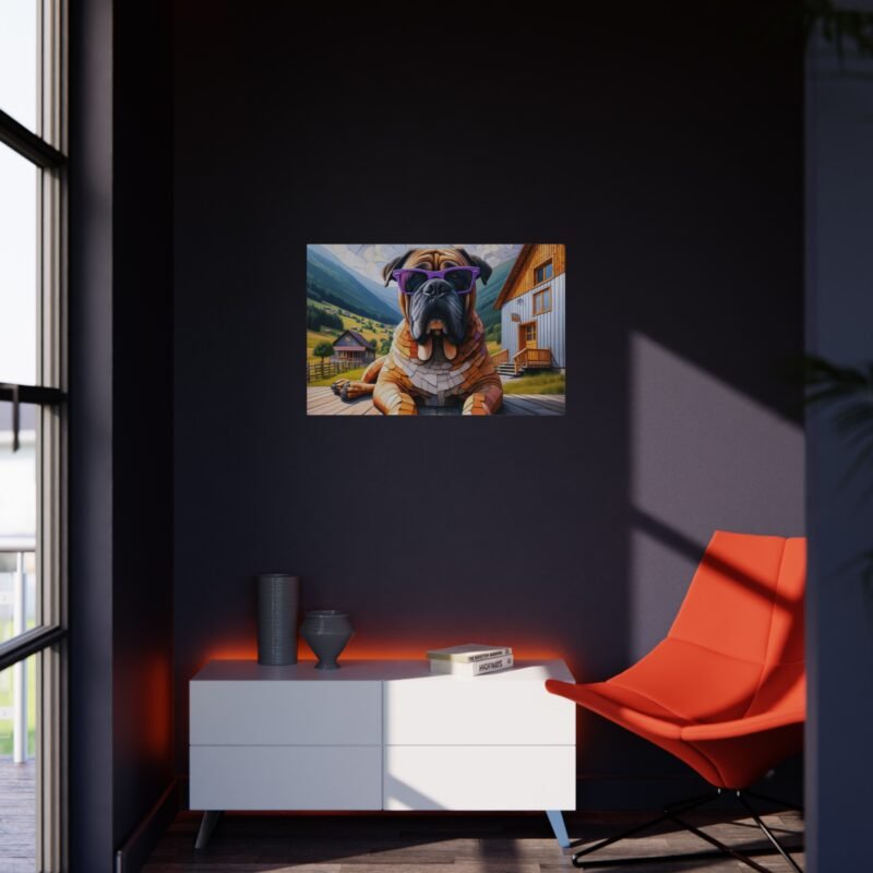 Bullmastiff Off-Grid Cabin – Paper Mosaic Mountain Scene with Purple Sunglasses 30″ x 20″ Foam Board Print - Image 4