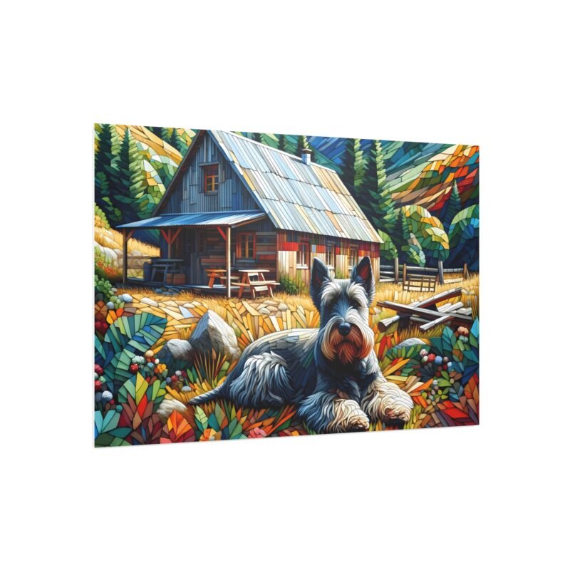 Scottish Terrier Off-Grid Cabin – Vivid Paper Mosaic Mountain Scene 30″ x 20″ Foam Board Print - Image 2